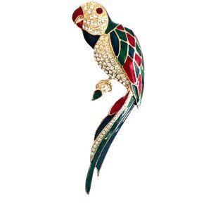 Vintage Parrot Bird Enamel Swarovski Crystal Green Red Blue 4 inch Brooch Parrot